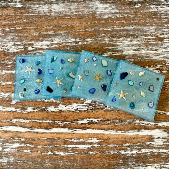 Starfish and Sea Shells Resin Drink Coasters Set of 4 Beach House Ocean Coastal - Picture 4 of 5